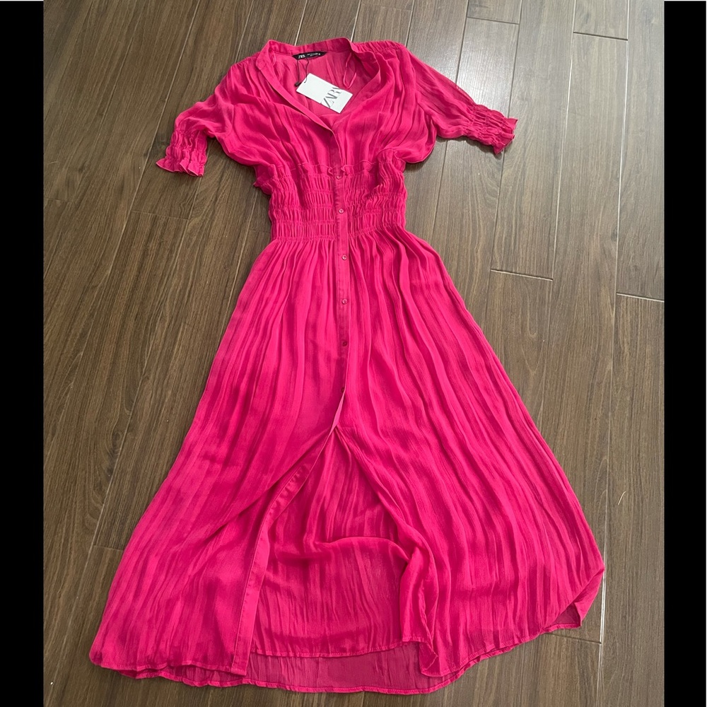 Zara hot pink tapered waist dress